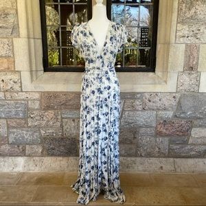 Reformation cream and blue floral wrap maxi dress